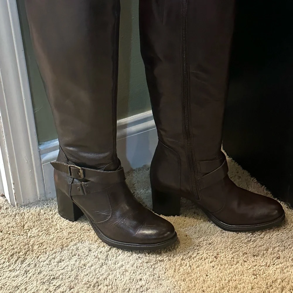 Aldo boots.  Size 7.  Dark brown leather tall 2 buckles - Picture 3 of 11